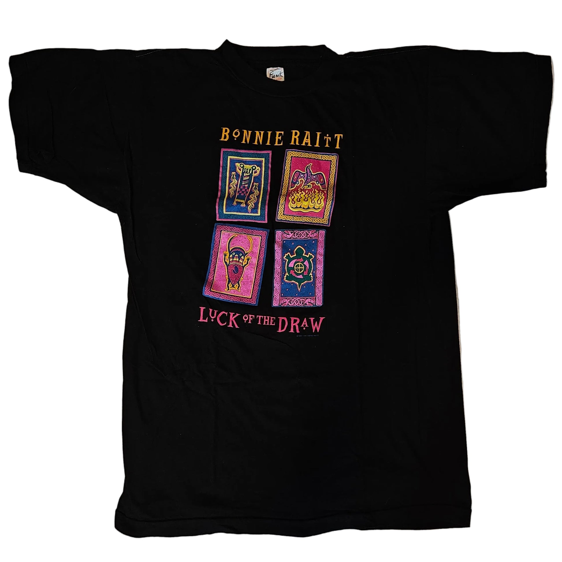 Black Bonnie Raitt Luck of the Draw tour tee with four colorful album art prints in a 2x2 grid on the chest, size XL