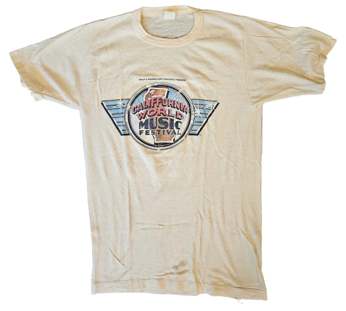Cream California World Music Festival 1979 tee front with circular festival logo, Wolf & Rissmiller Concerts Present