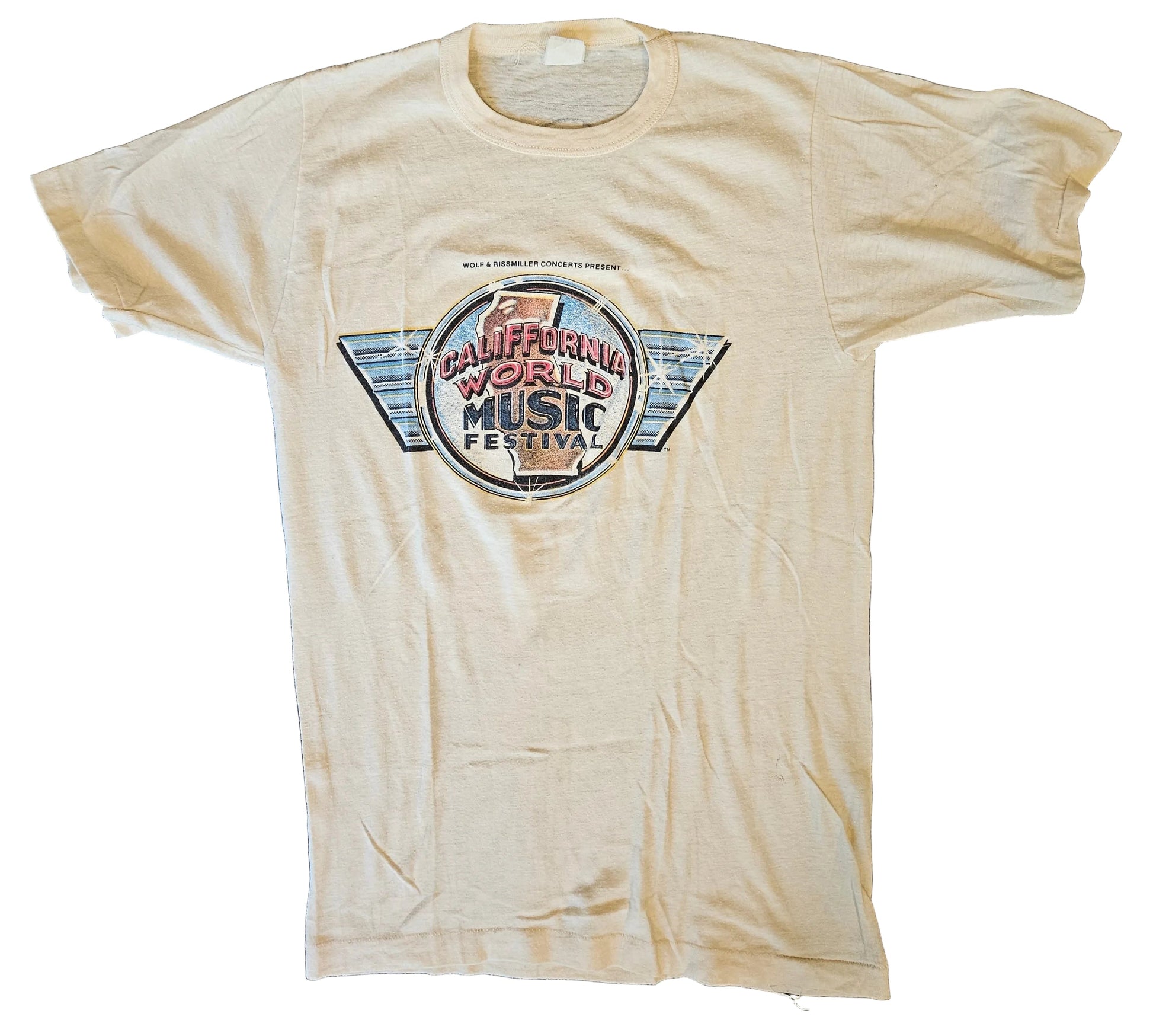 Cream California World Music Festival 1979 tee front with circular festival logo, Wolf & Rissmiller Concerts Present