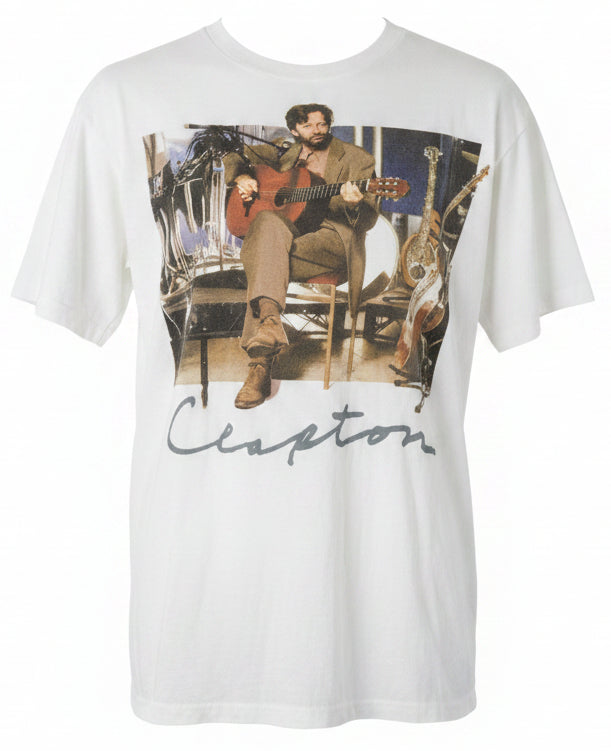 Eric Clapton Unplugged c.1992 tee - front with seated acoustic guitar photo and Clapton signature script