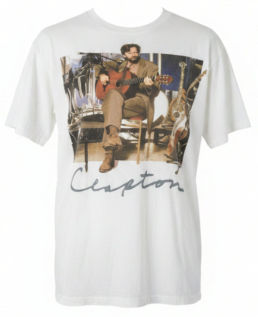 Eric Clapton Unplugged c.1992 tee - front with seated acoustic guitar photo and Clapton signature script