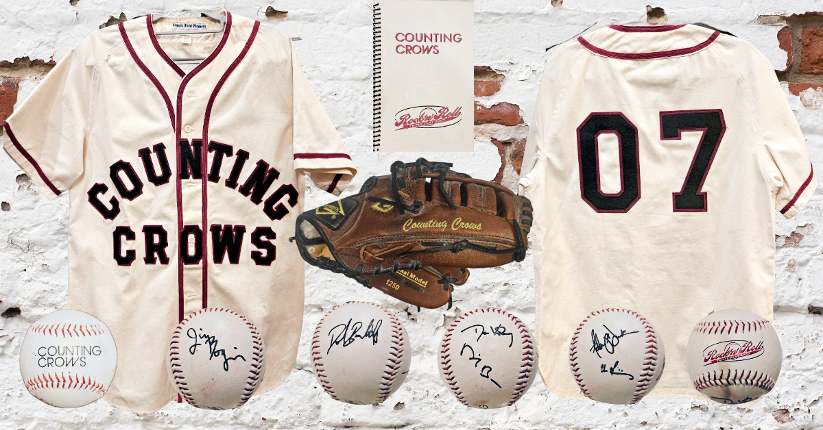 Counting Crows 2007 Tour Crew Closet Package (Bruce Jones): Ebbets Field Flannels #07 Jersey (XL) +Signed Baseball + Rawlings Mitt + Tour Itinerary