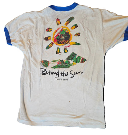 Eric Clapton and His Band Behind the Sun Tour 1985 ringer tee - back with sun graphic and Tour 1985 script