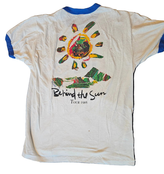 Eric Clapton and His Band Behind the Sun Tour 1985 ringer tee - back with sun graphic and Tour 1985 script