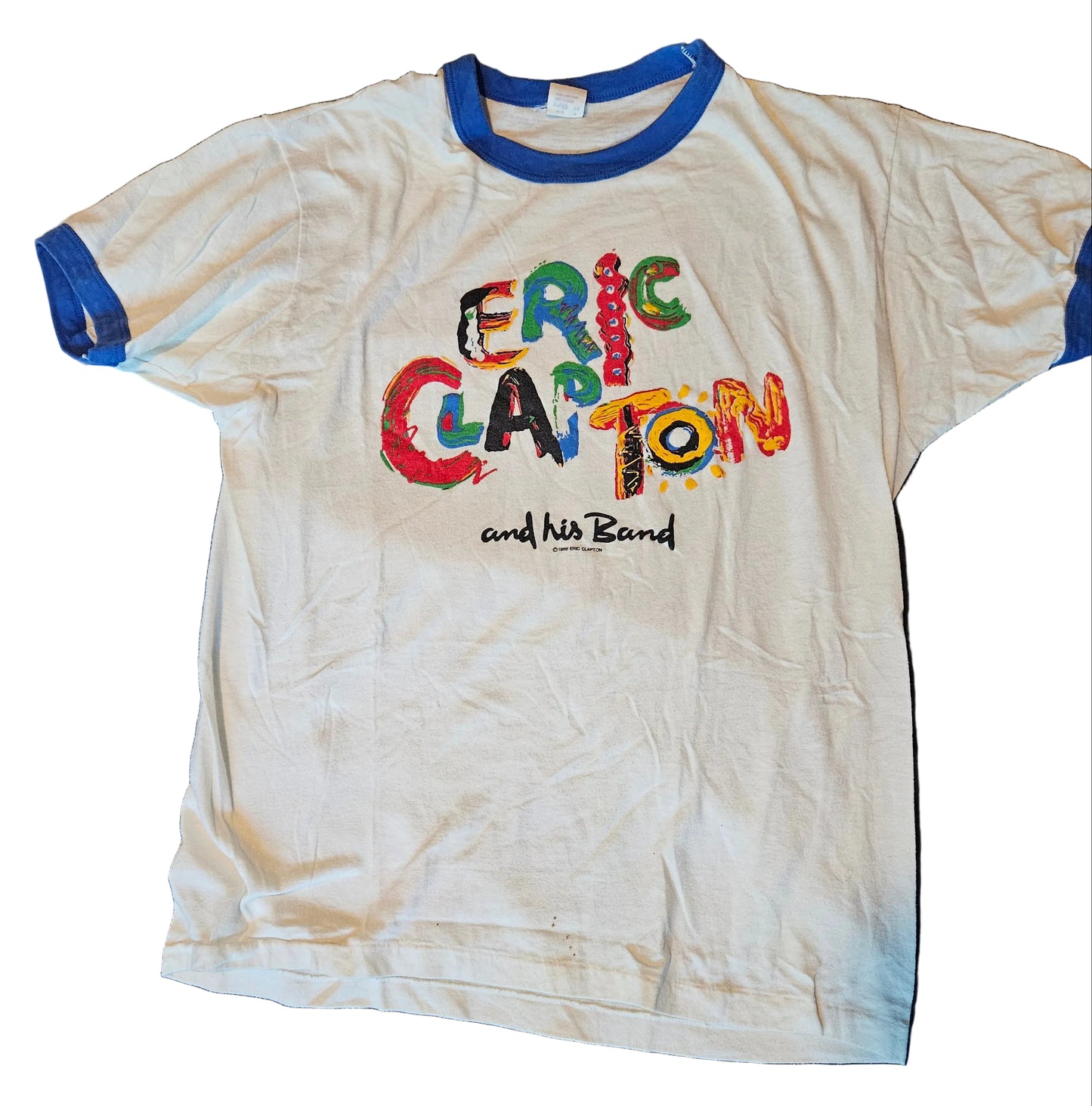 Eric Clapton and His Band Behind the Sun Tour 1985 ringer tee - front with multicolor painted lettering