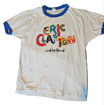 Eric Clapton and His Band Behind the Sun Tour 1985 ringer tee - front with multicolor painted lettering