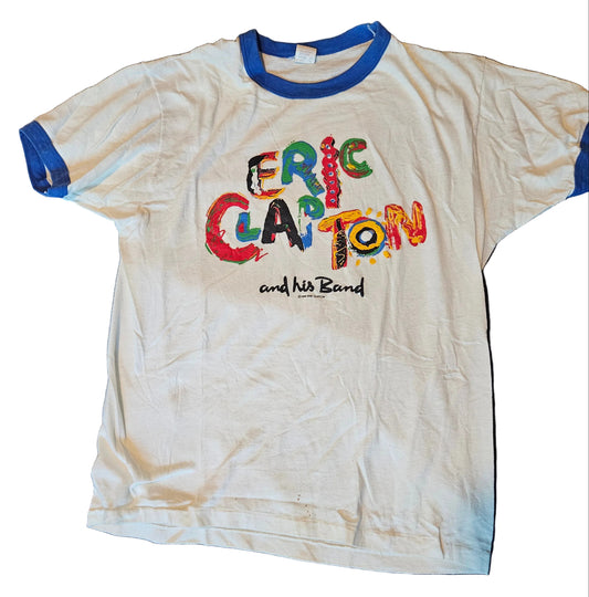 Eric Clapton and His Band Behind the Sun Tour 1985 ringer tee - front with multicolor painted lettering
