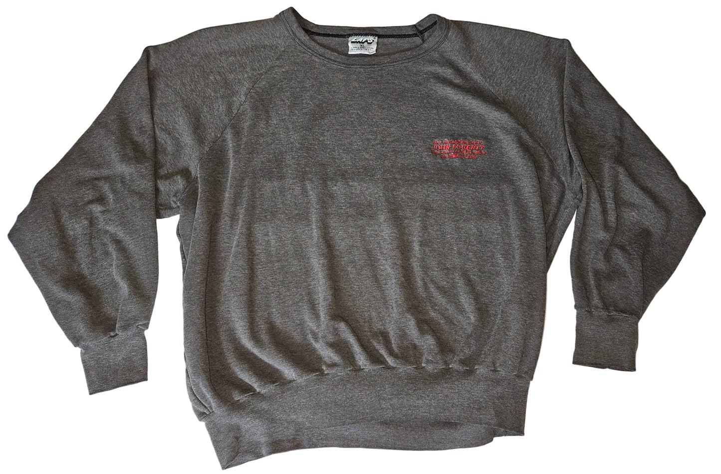 Gray crewneck sweatshirt with red embroidered Bill Graham Presents John Fogerty Oakland Coliseum Arena December 7 1986 graphic