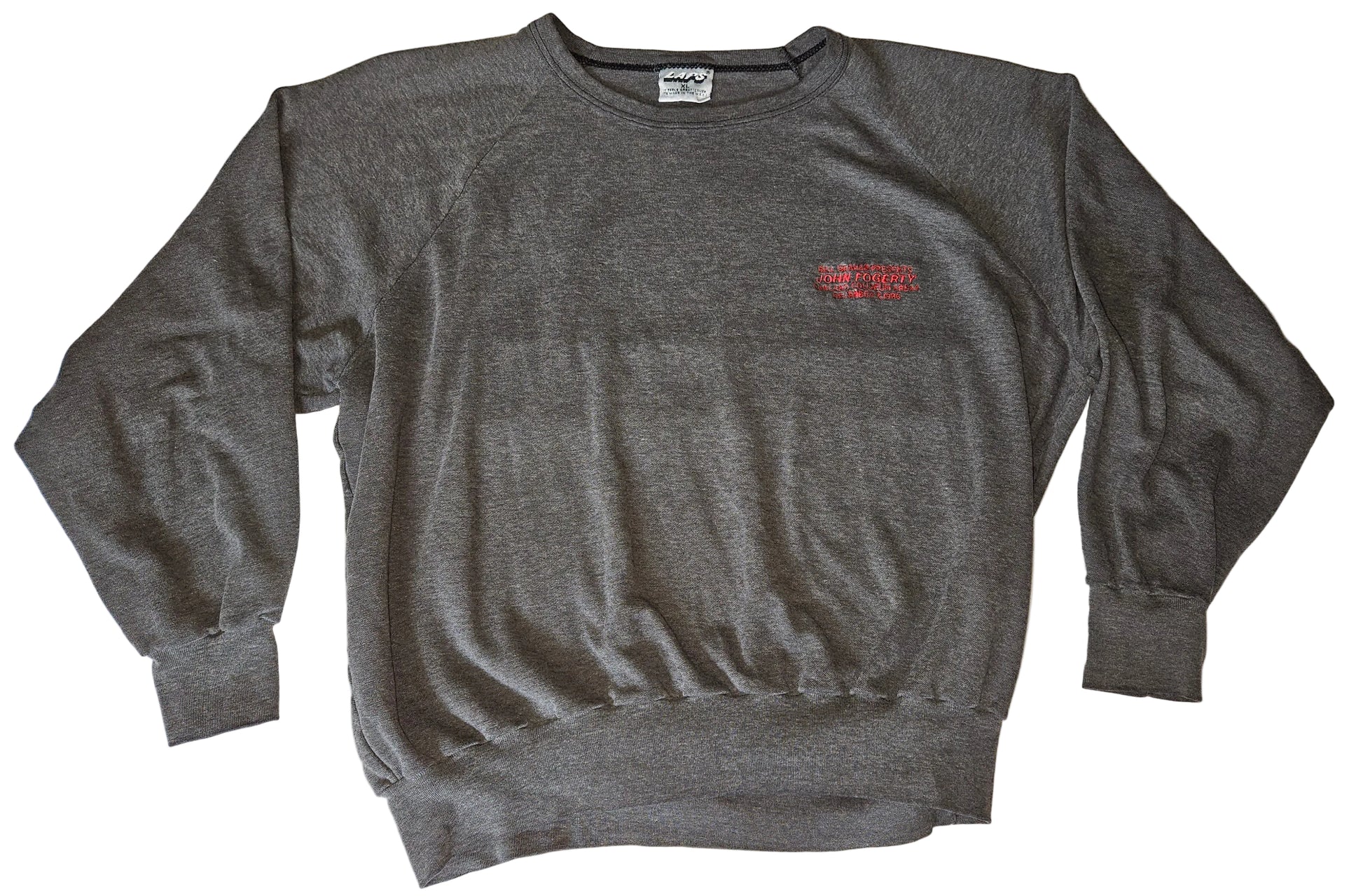 Gray crewneck sweatshirt with red embroidered Bill Graham Presents John Fogerty Oakland Coliseum Arena December 7 1986 graphic