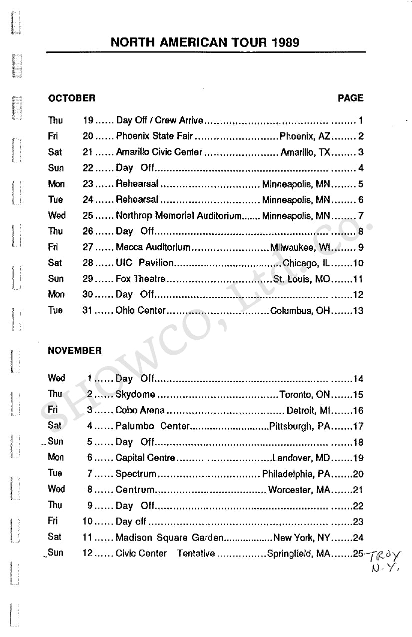 Stevie Ray Vaughan & Double Trouble — 1989 Tour of North America, Original Tour Itinerary