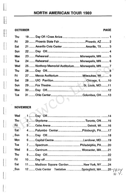 Stevie Ray Vaughan & Double Trouble — 1989 Tour of North America, Original Tour Itinerary