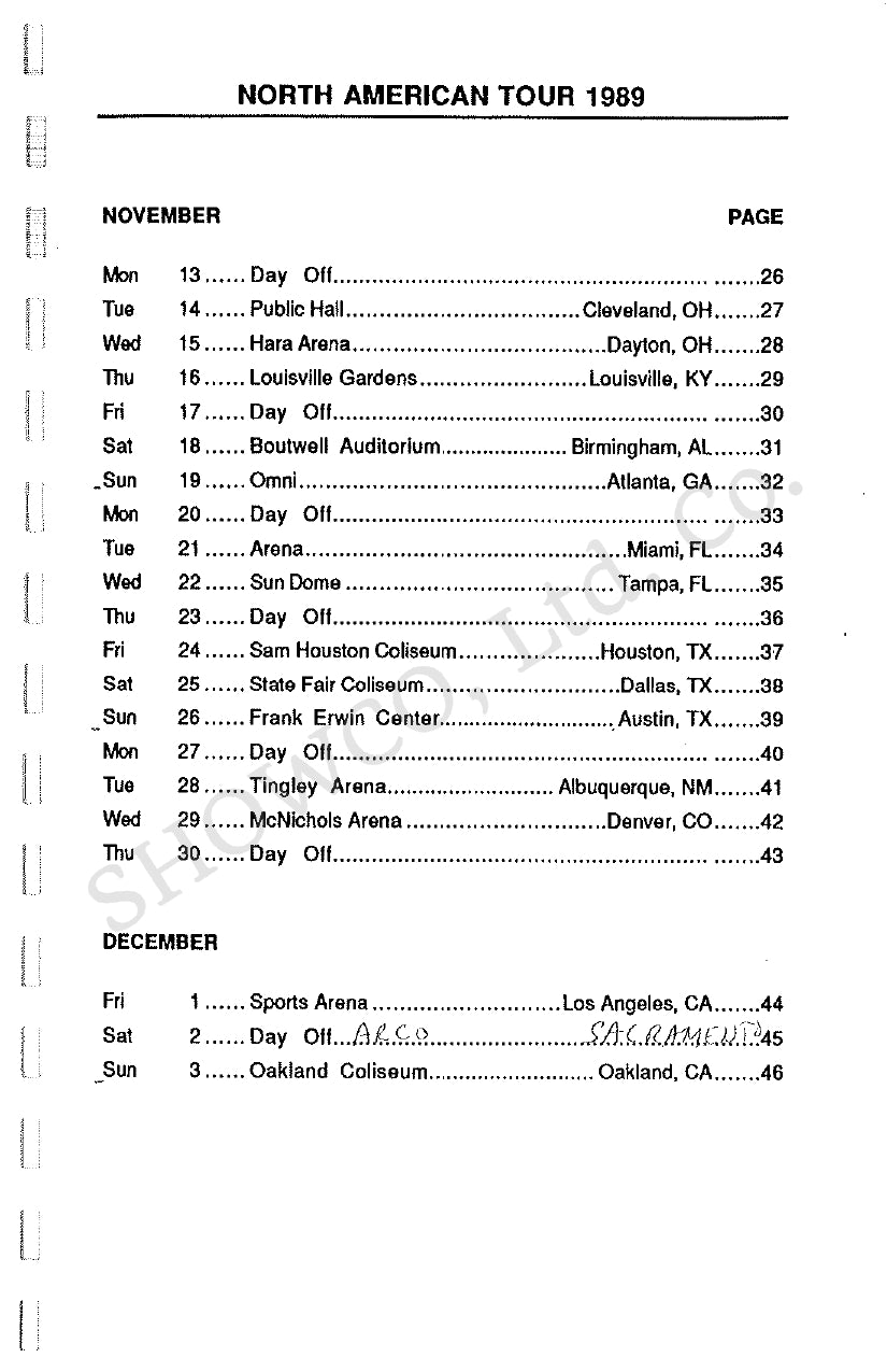 Stevie Ray Vaughan & Double Trouble — 1989 Tour of North America, Original Tour Itinerary