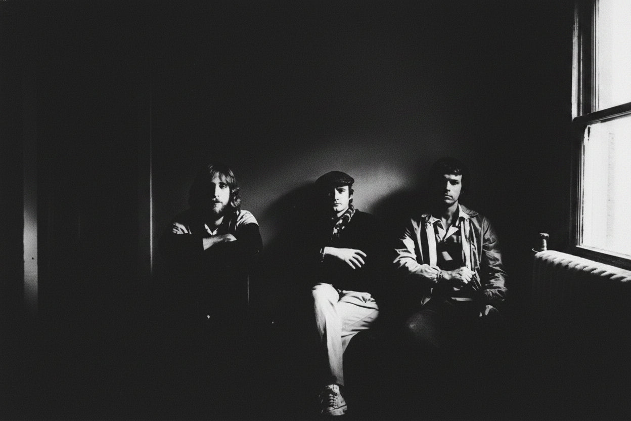 Genesis 1983 official promo photo by Robert Ellis - three members in high-contrast black and white, Mama Tour