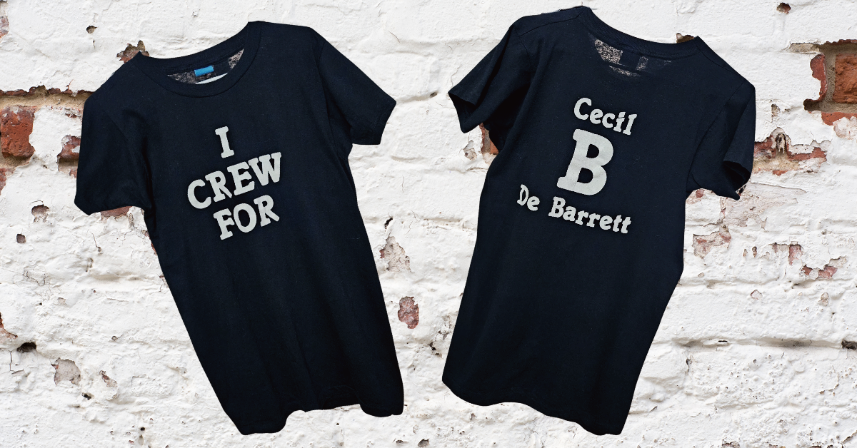 Front and back of Bill Doc Gans's black vintage Screen Stars crew shirt: I CREW FOR / Cecil B De Barrett.