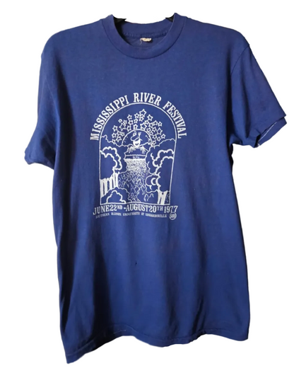 Mississippi River Festival Blue Shirt (6/22–8/20/1977) — original shirt photo from Bill Doc Gans collection
