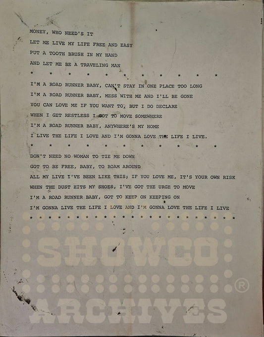 "I'm a Road Runner Baby" – Original Lyric Sheet, Doc Gans Archive