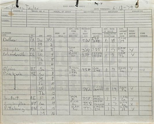 James Taylor 1979 Tour Analysis Sheet – Original SHOWCO Document