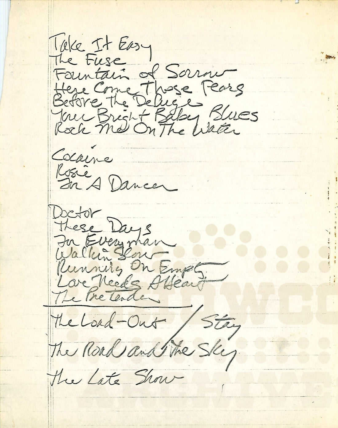 Jackson Browne Original Handwritten Setlist Page 1 – SHOWCO Archives ...