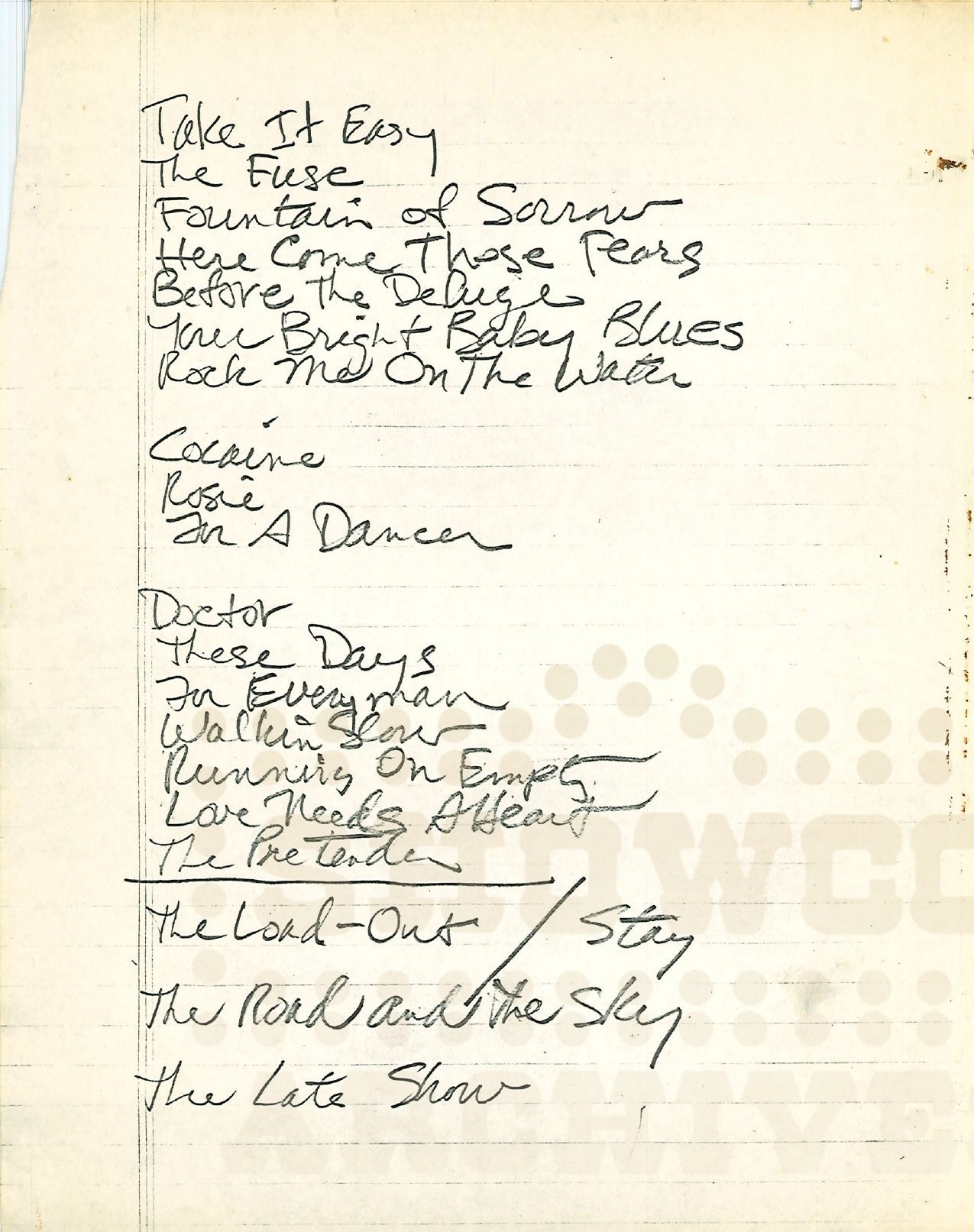 Jackson Browne Setlist – Original Handwritten