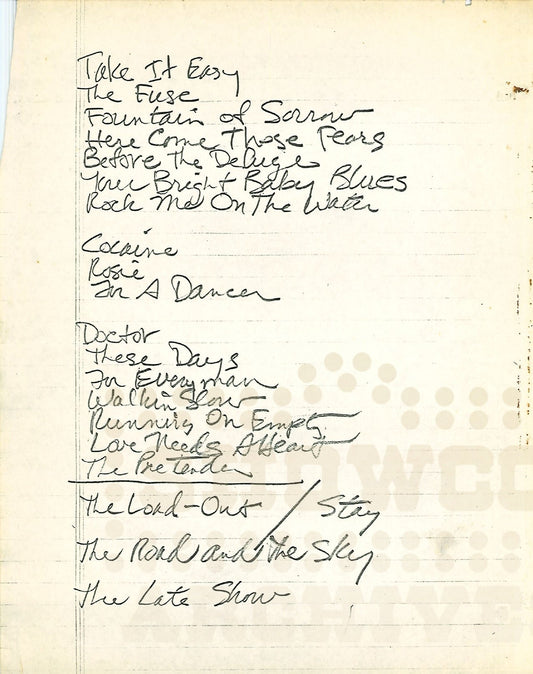 Jackson Browne Setlist – Original Handwritten