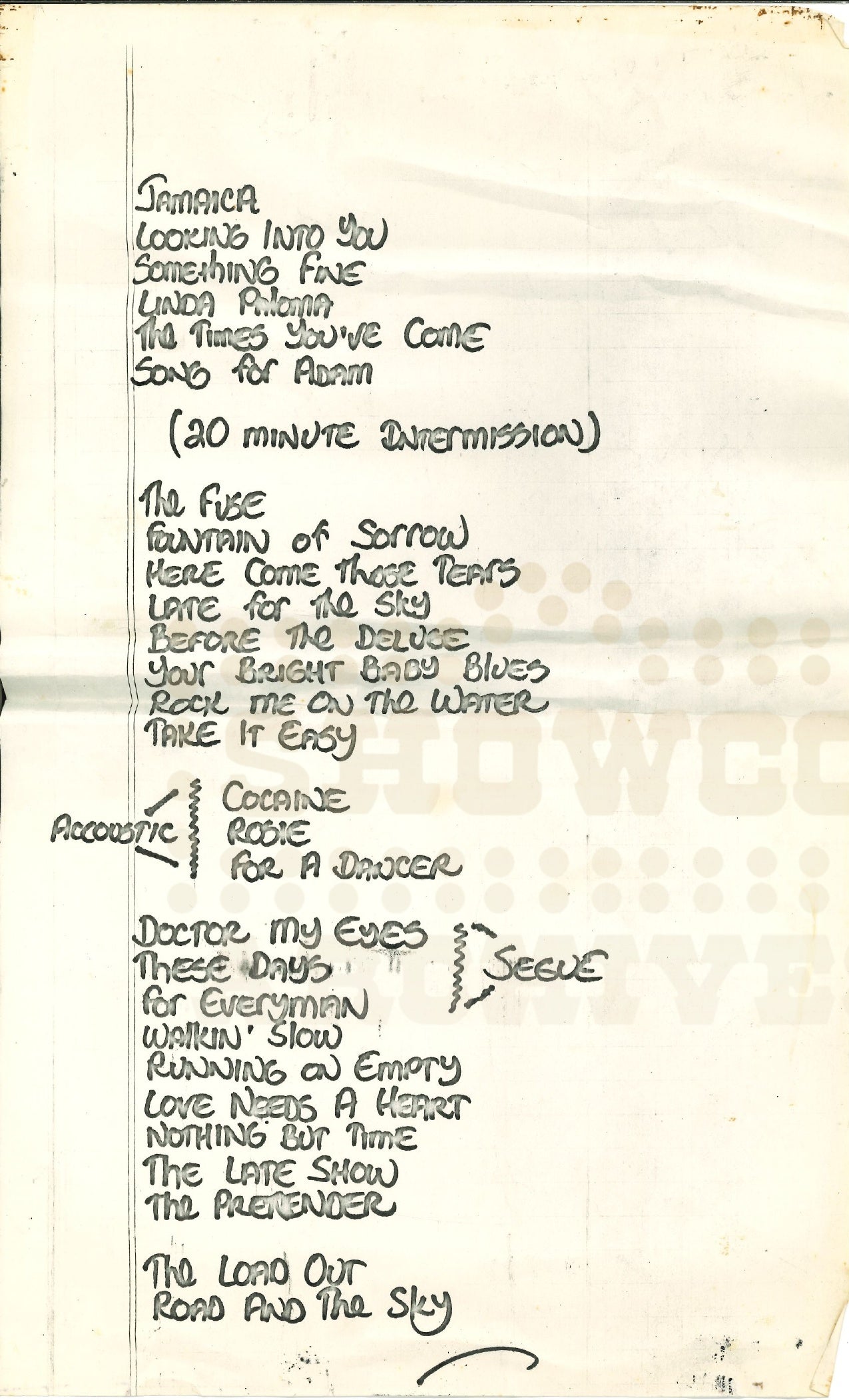 Jackson Browne Setlist – Original Handwritten