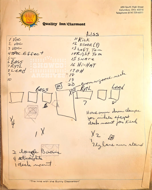 KISS Original Handwritten Input List on Hotel Stationery — SHOWCO / ZZ Top Tour (1974/1975)