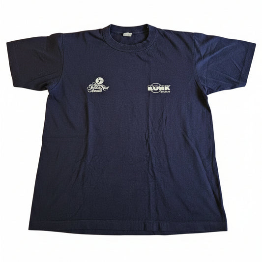 Konk Studios Ampex Golden Reel Award tee - front with dual chest logos on navy