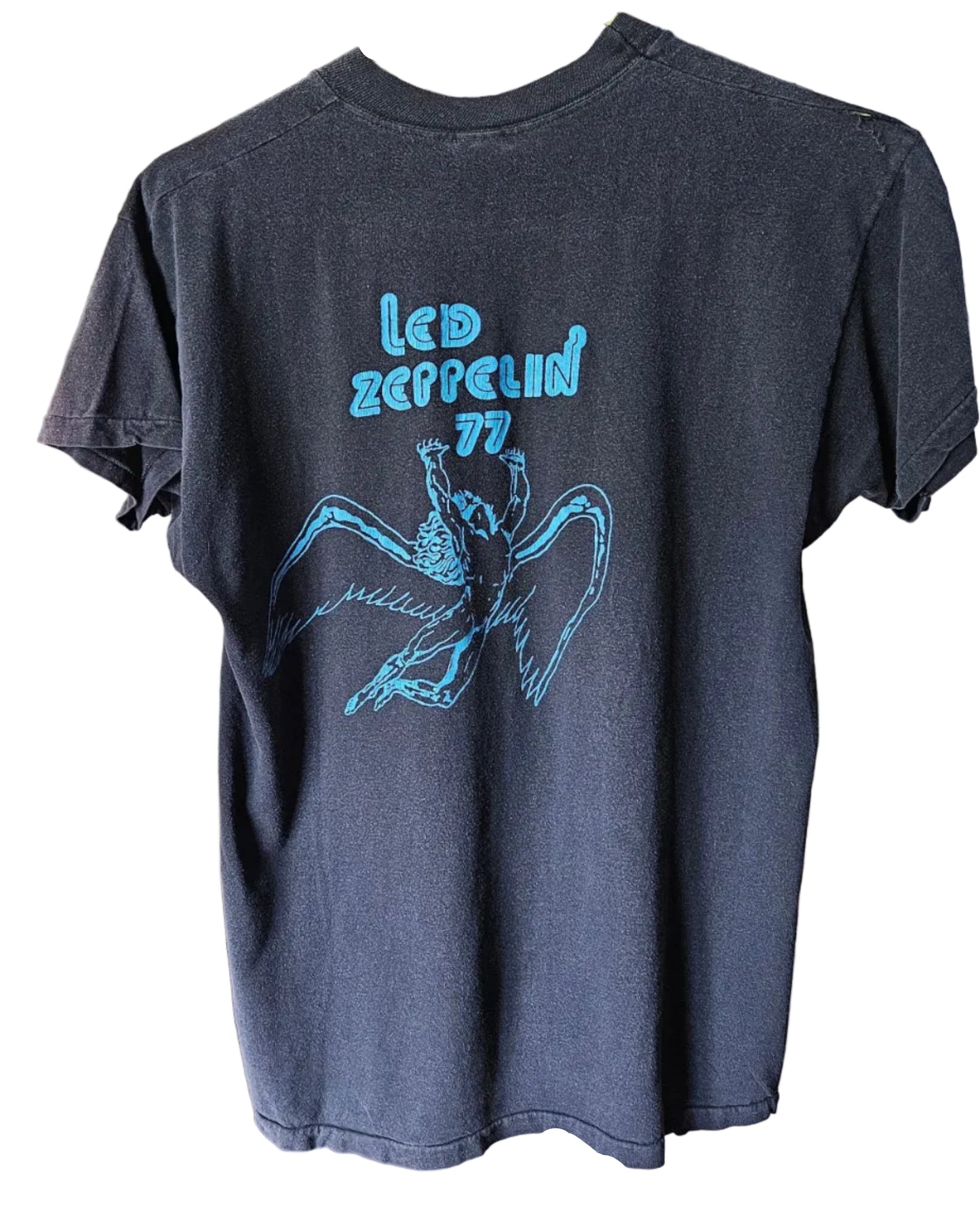 Led Zeppelin 1977 Black Shirt with Blue Lettering (L, Worn)