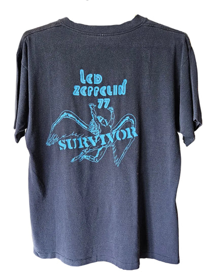 Led Zeppelin Survivor 1977 Black Shirt with Blue Lettering (Worn)