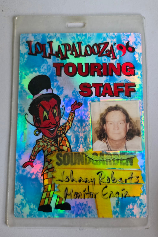 Soundgarden Lollapalooza '96 Touring Staff Photo ID Laminate – front, named Johnny Roberts / Monitor Engineer, holographic blue design