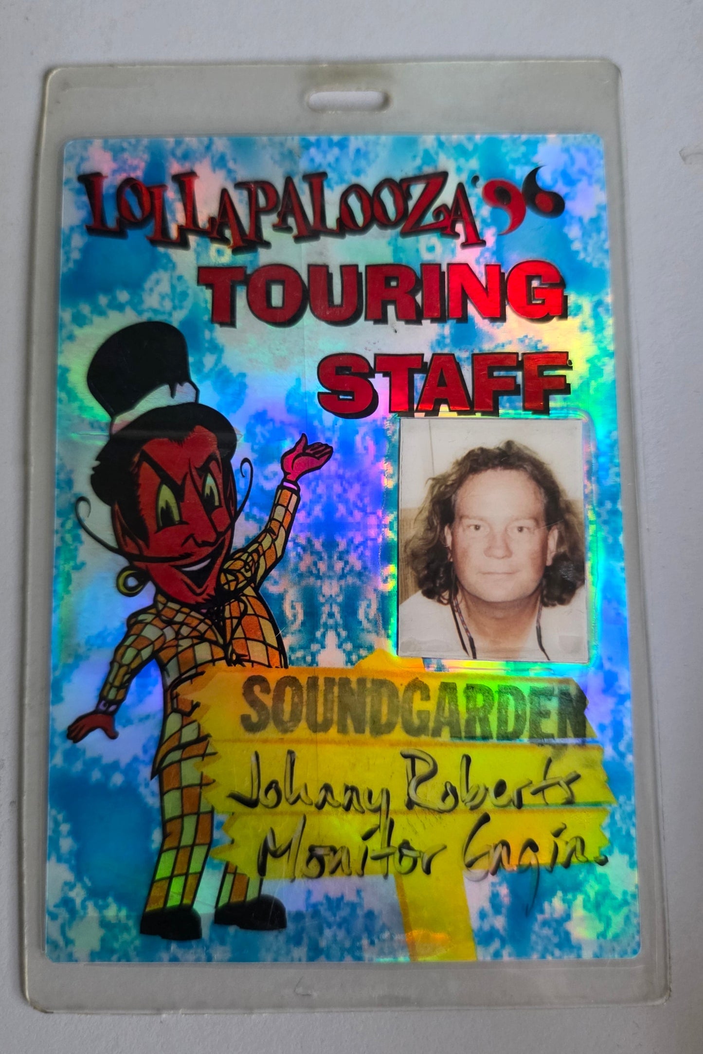 Soundgarden Lollapalooza '96 Touring Staff Photo ID Laminate – back, same holographic design with larger photo and name panel