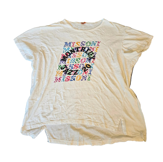 Montreux Jazz Festival 20th Anniversary tee - front with multicolor typographic mosaic and MONTREUX JAZZ overlay