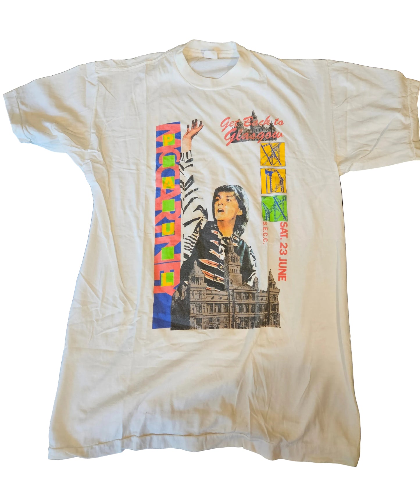 Paul McCartney Get Back to Glasgow 1990 tour tee - front with Glasgow SECC June 23 graphic