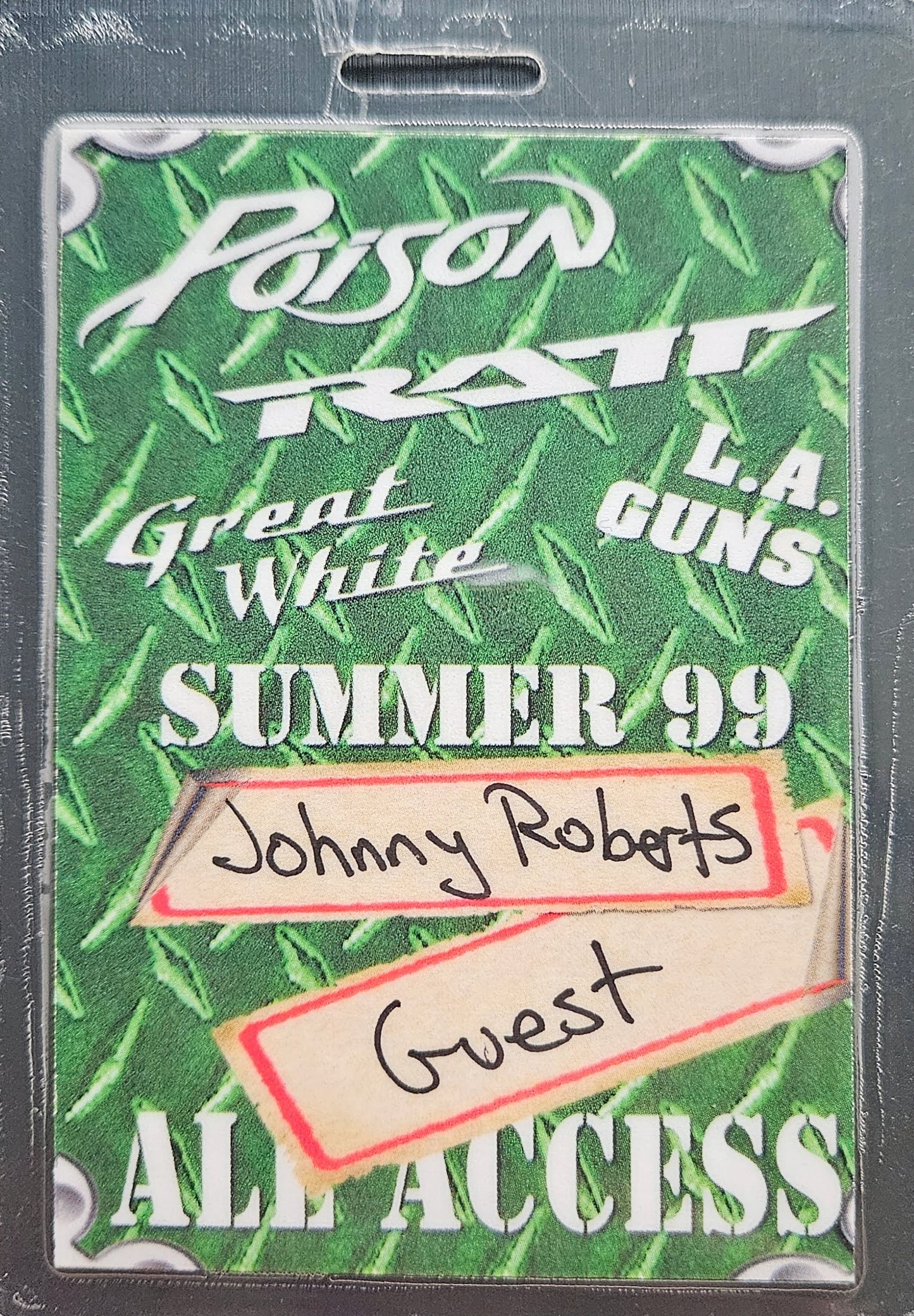 Poison / Ratt / Great White / L.A. Guns — Summer '99 All Access Guest Laminate, Johnny Roberts