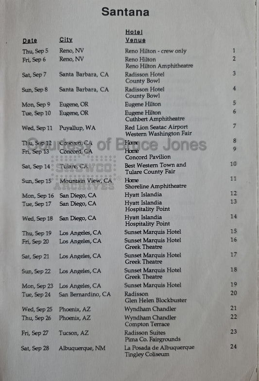 Santana Dance of the Rainbow Serpent Tour 1996 – U.S. Itinerary Sept & Oct (Courtesy of Bruce Jones)