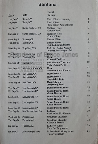 Santana Dance of the Rainbow Serpent Tour 1996 – U.S. Itinerary Sept & Oct (Courtesy of Bruce Jones)