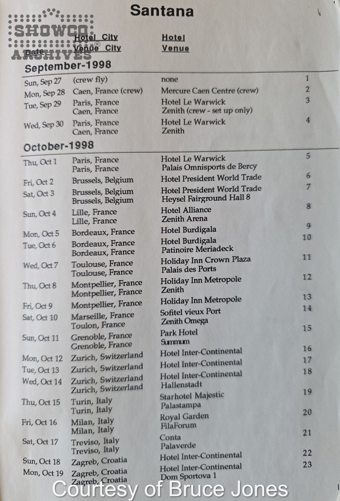 Santana Europe Tour 1998 – Complete Official Itinerary (Courtesy of Bruce Jones)