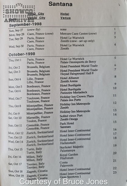 Santana Europe Tour 1998 – Complete Official Itinerary (Courtesy of Bruce Jones)