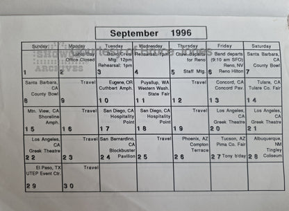 Santana Dance of the Rainbow Serpent Tour 1996 – U.S. Itinerary Sept & Oct (Courtesy of Bruce Jones)