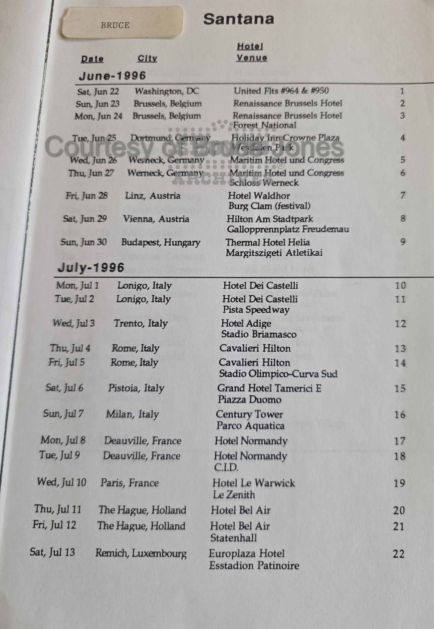 Santana Dance of the Rainbow Serpent Tour 1996 – Complete Official Itinerary (Courtesy of Bruce Jones)
