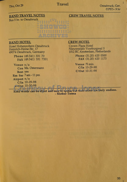 Santana Europe Tour 1998 – Complete Official Itinerary (Courtesy of Bruce Jones)