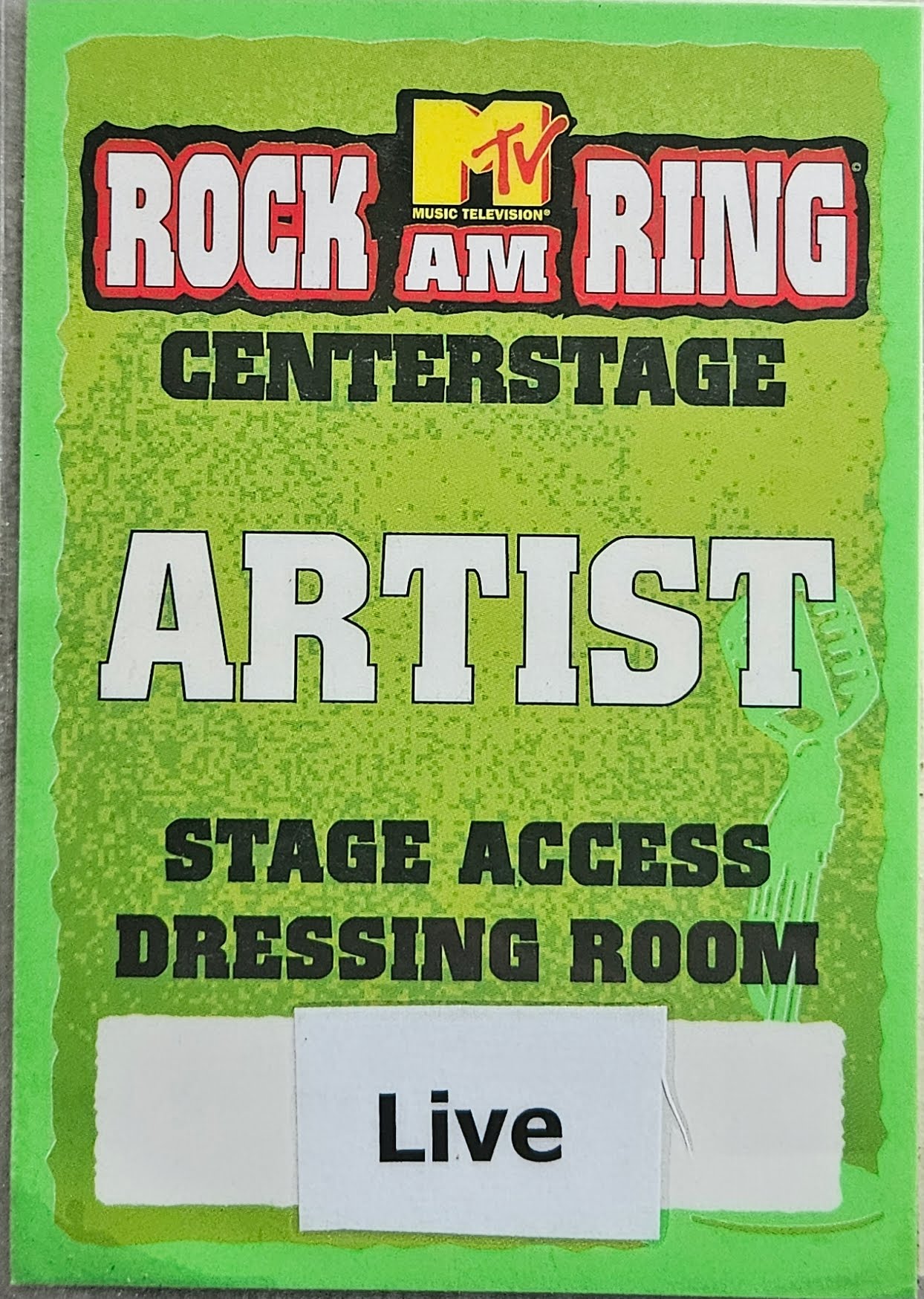 Live – Rock Am Ring MTV Centerstage Artist Stage Access & Dressing Room Laminate | Johnny "JW" Roberts Closet