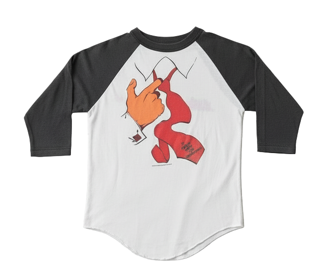 Baseball-style shirt with a cartoon character on the back, displayed on a white background.