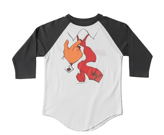Baseball-style shirt with a cartoon character on the back, displayed on a white background.
