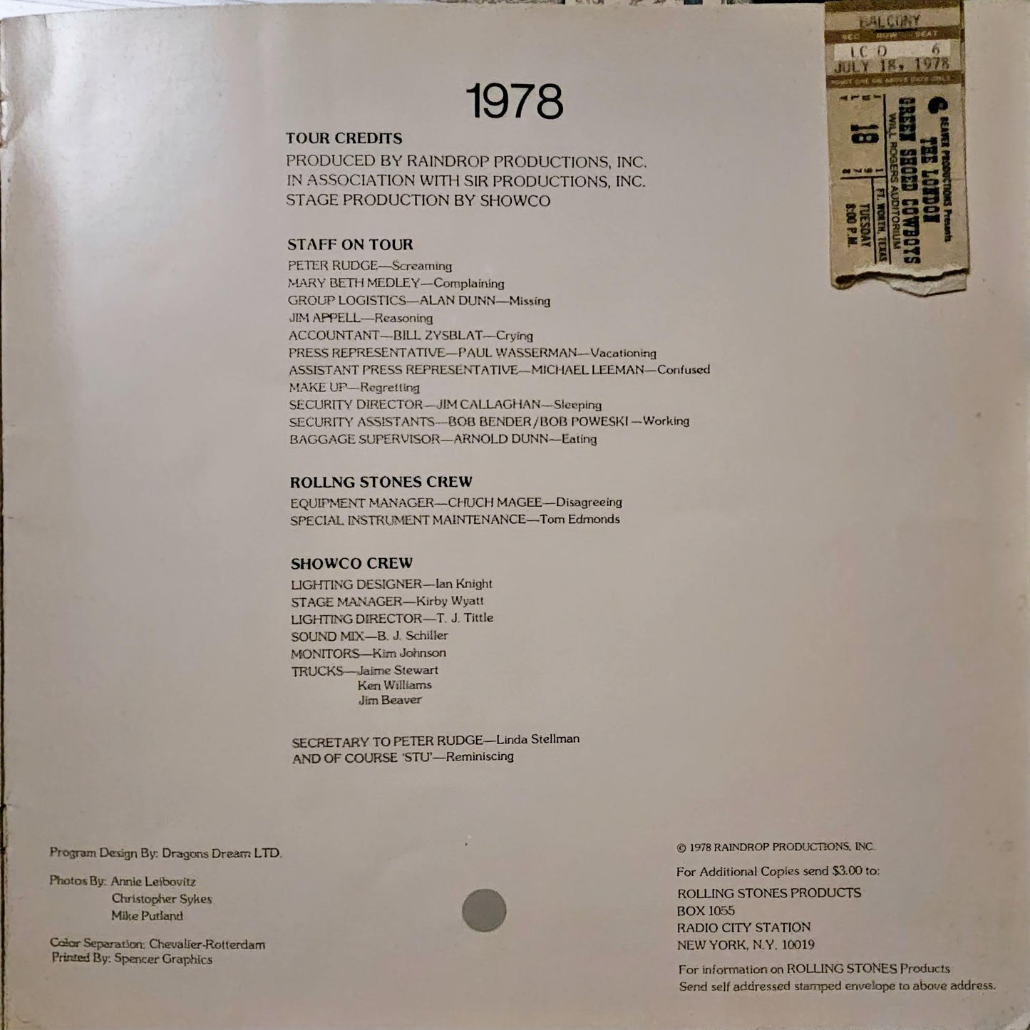 The Rolling Stones — 1978 Tour of America Original Concert Program | Donnie “DK” Kretzschmar’s Closet