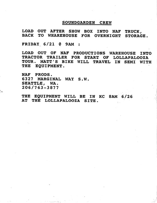 Soundgarden — Original Crew Memo, Lollapalooza Tour Load-Out, June 1992