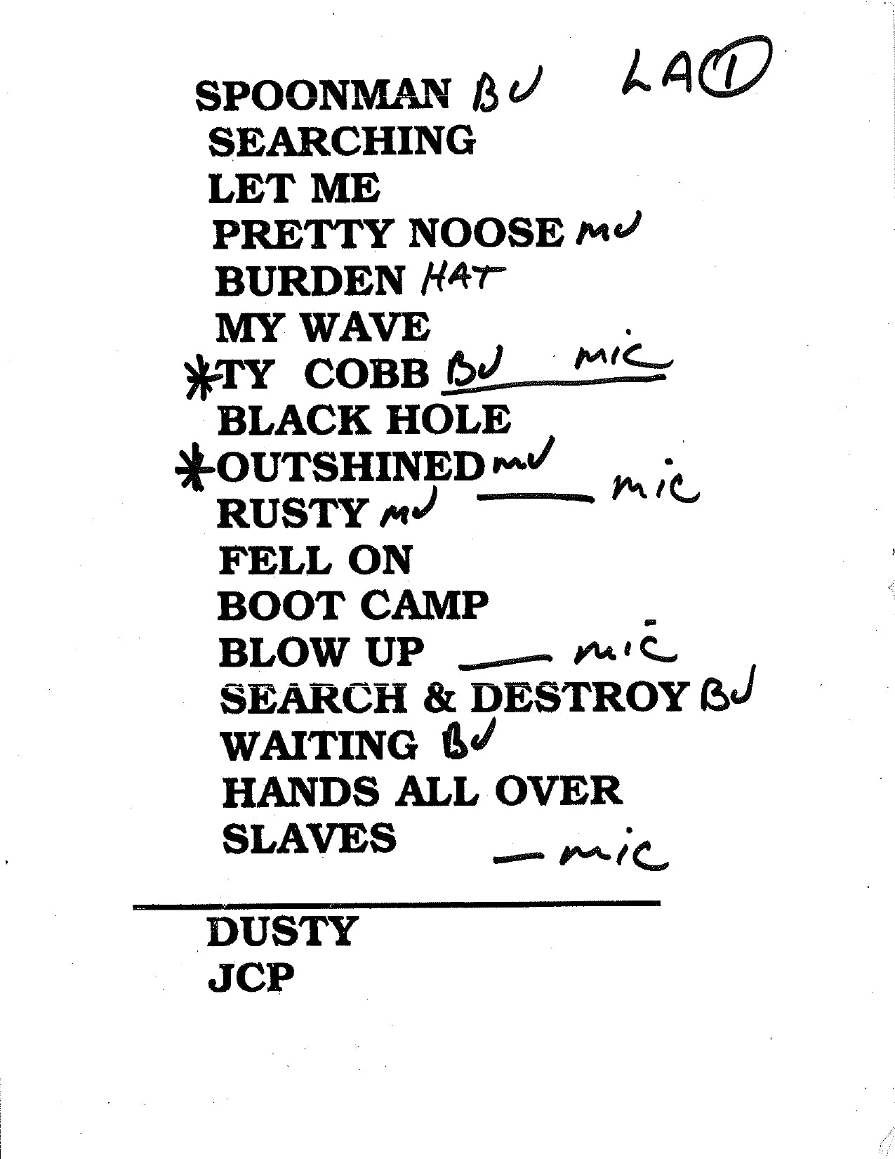 Soundgarden – Original Tour Setlist, Los Angeles | Johnny "JW" Roberts Closet