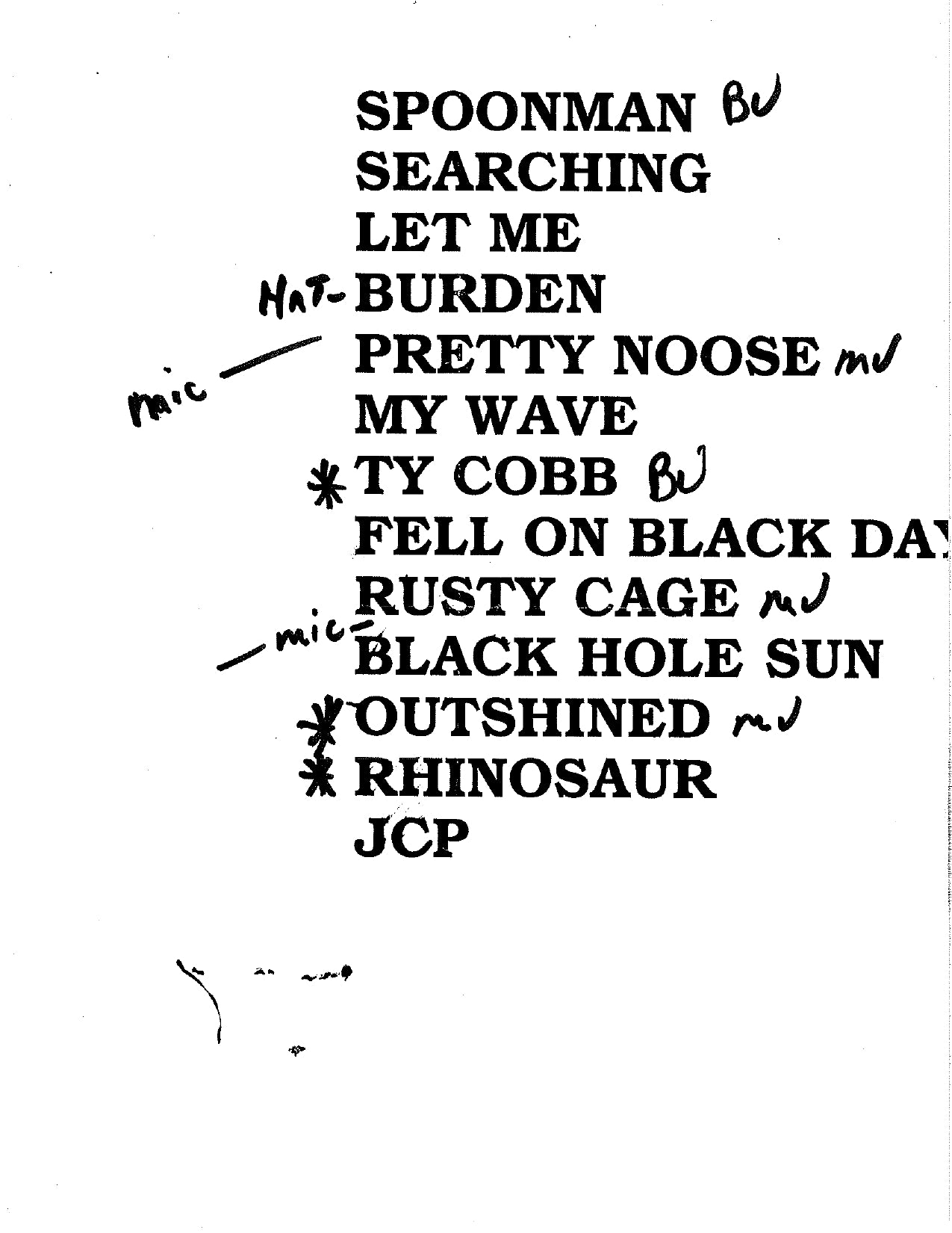 Soundgarden – Original Tour Setlist (City Unknown) | Johnny "JW" Roberts Closet