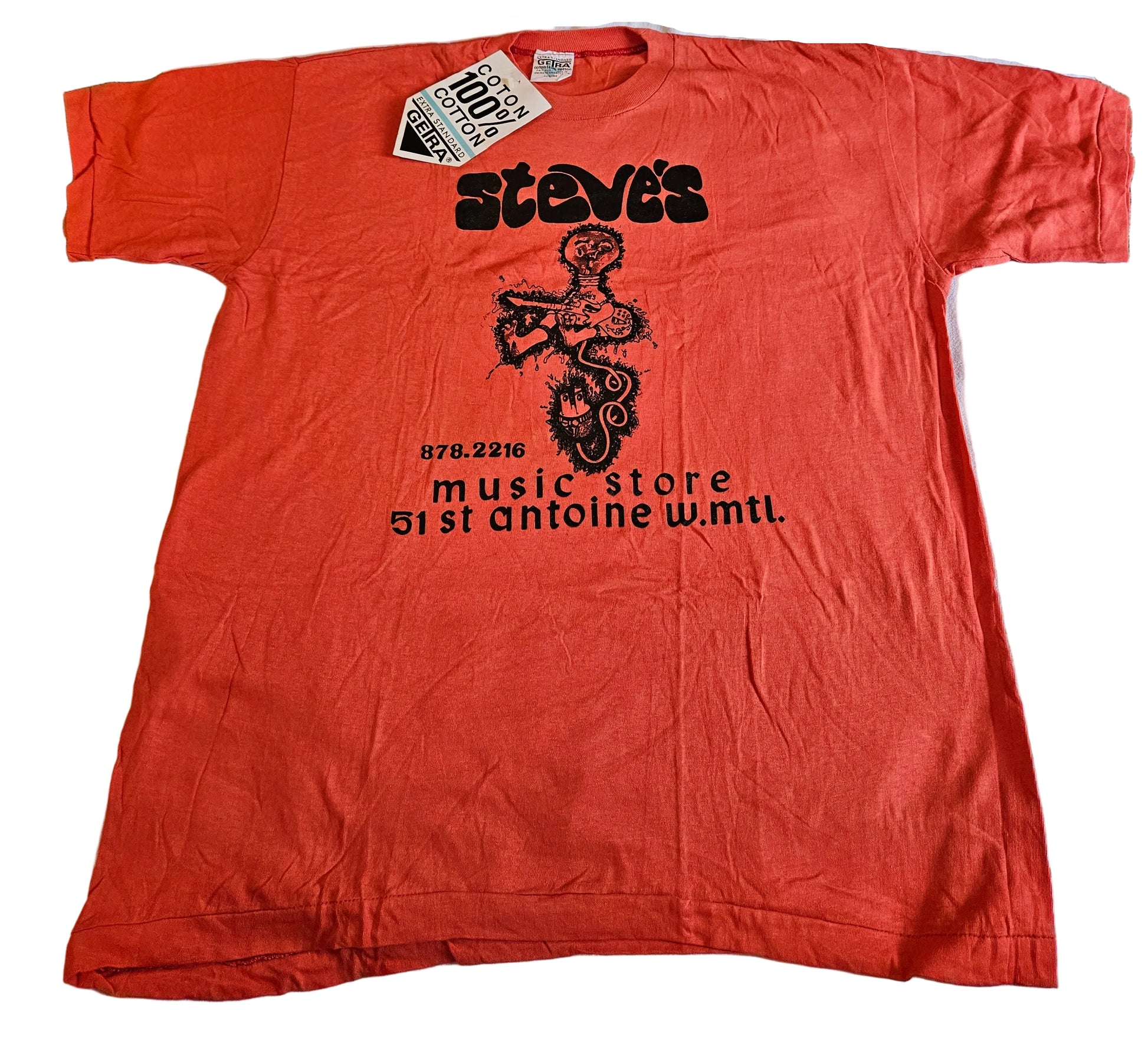 Steve's Music Store Montreal vintage tee - front with psychedelic musician graphic and store address