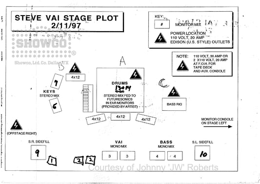 Steve Vai Original Stage Plot — Showco, February 11, 1997